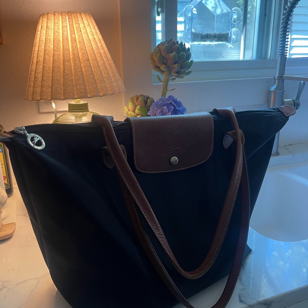 Longchamp Black Tote with Brown Accents
